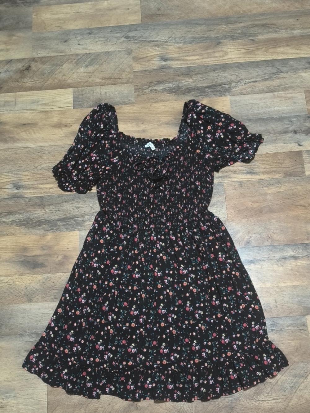 AUW Black Floral Midi Dress with Puff Sleeves and Ruffle Hem